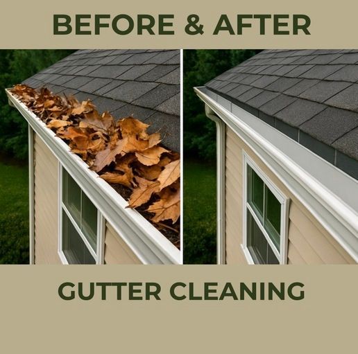 A before and after picture of gutter cleaning on a house