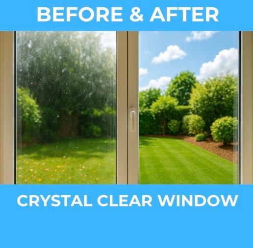 A before and after picture of a crystal clear window