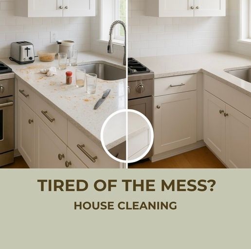 A before and after photo of a kitchen that says tired of the mess house cleaning