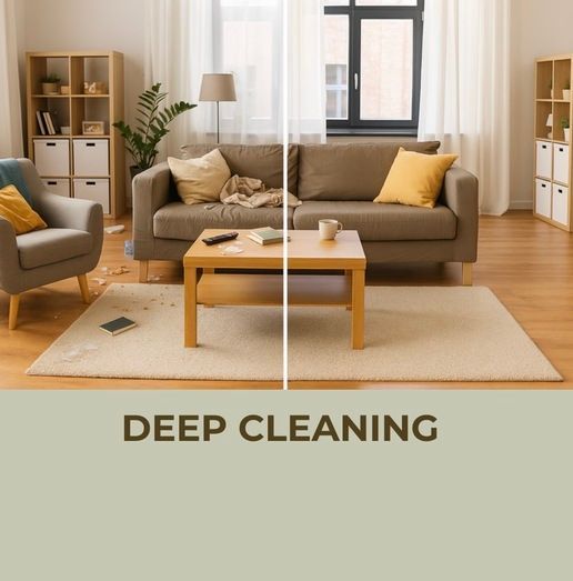 A picture of a living room before and after deep cleaning