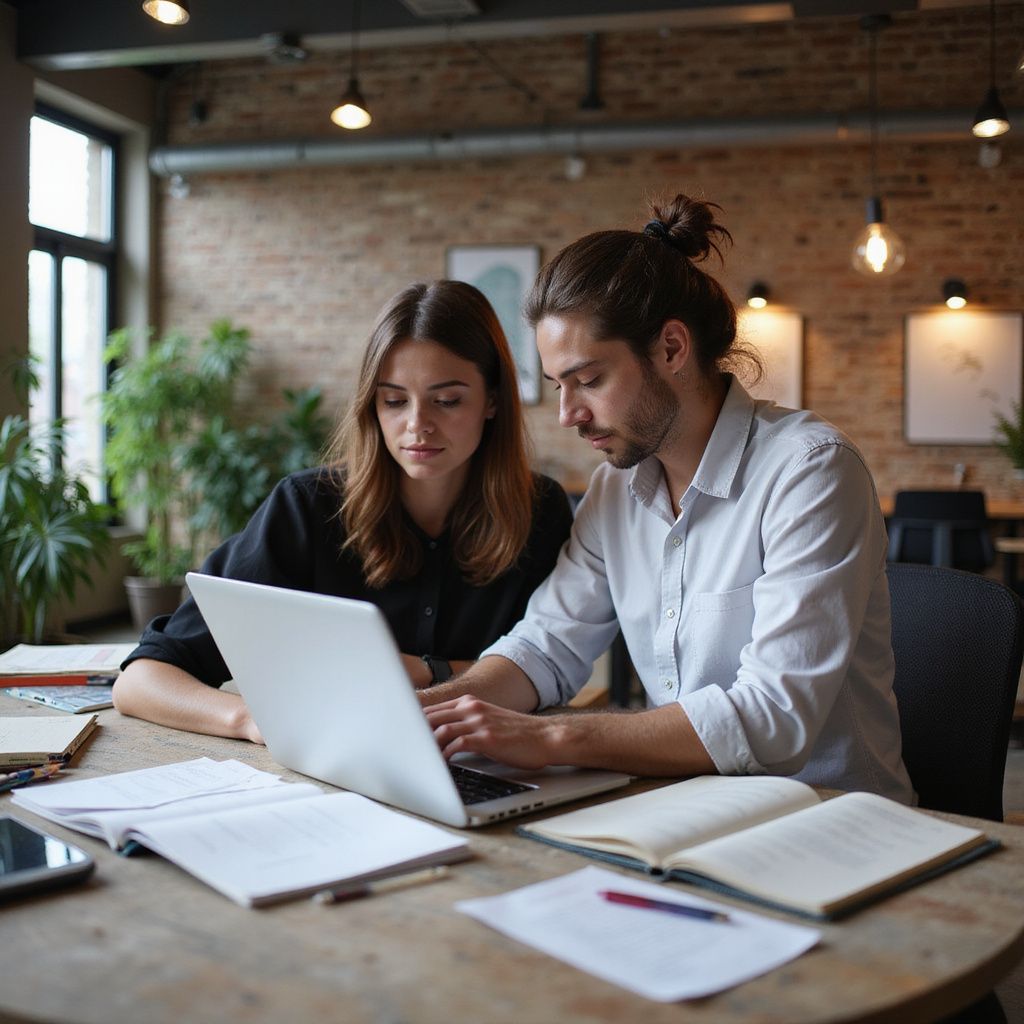 Woman and man working together, looking at laptop on a round table in a modern office space.