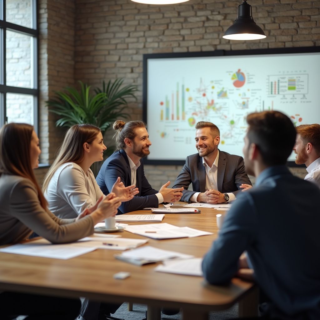 Business meeting around a table; colleagues reviewing charts, brick wall background.