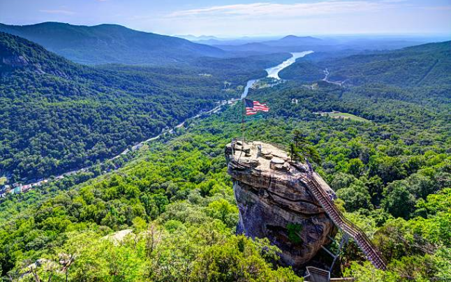Romantic mountain views of Chimney Rock State Park near Serenity Ridge, a perfect Western North Carolina wedding destination