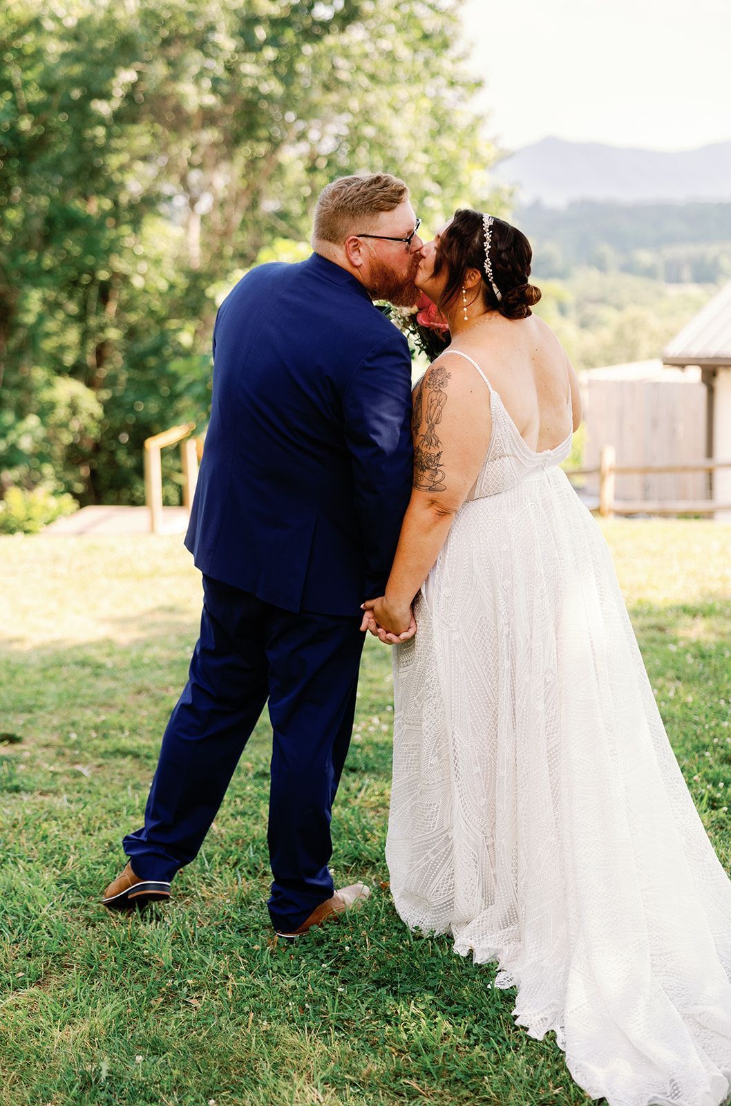 Happy bride and groom after mountain wedding ceremony at Serenity Ridge in Lake Lure, NC.
