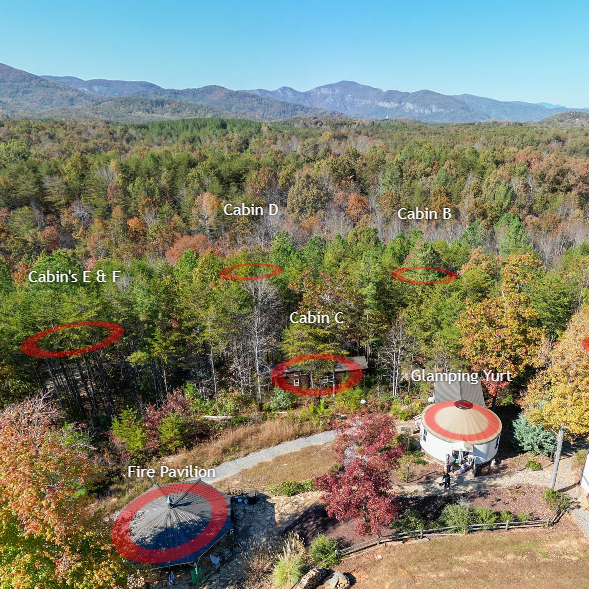Aerial view of Serenity Ridge’s 25-acre mountain wedding venue in Western North Carolina