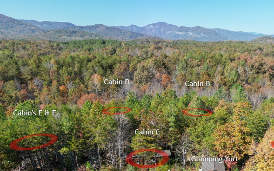 Aerial view of Serenity Ridge’s 25-acre mountain wedding venue in Western North Carolina