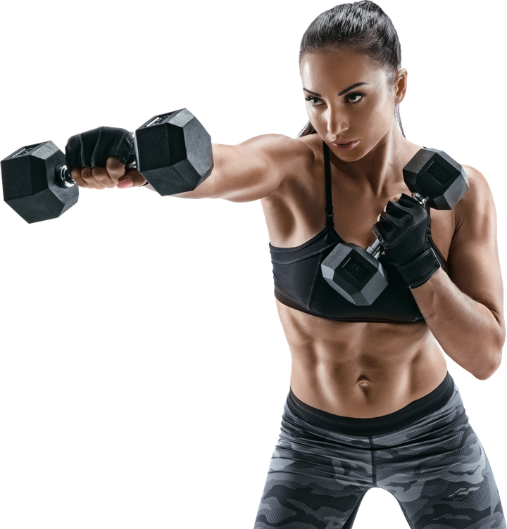 A woman is holding two dumbbells in her hands and boxing