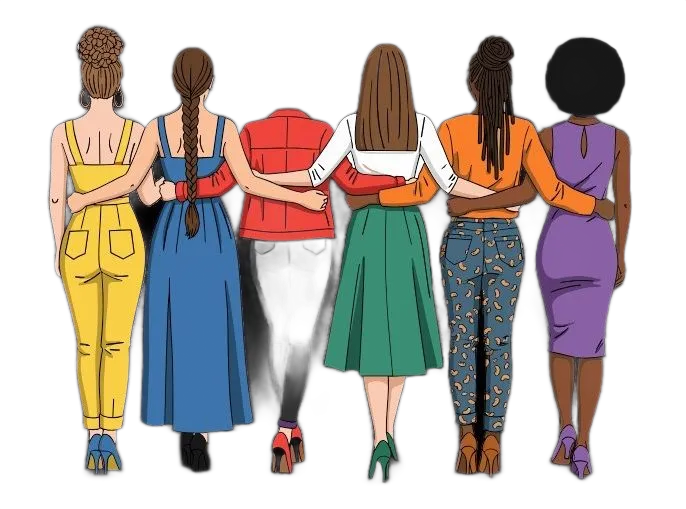 A group of diverse women standing in line supporting each other with arms linked