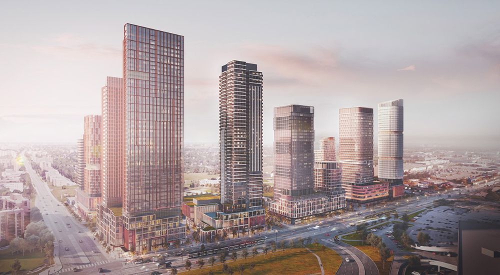 An artist 's impression of a city skyline with a lot of tall buildings.