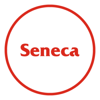 The seneca logo is in a red circle on a white background