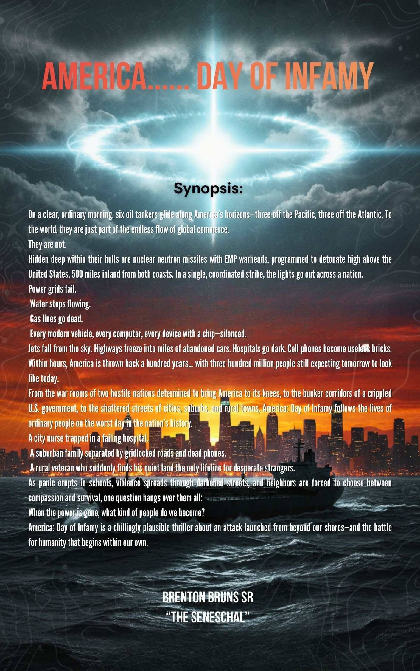 Poster: Glowing light over a city. Boat in water. Text: 