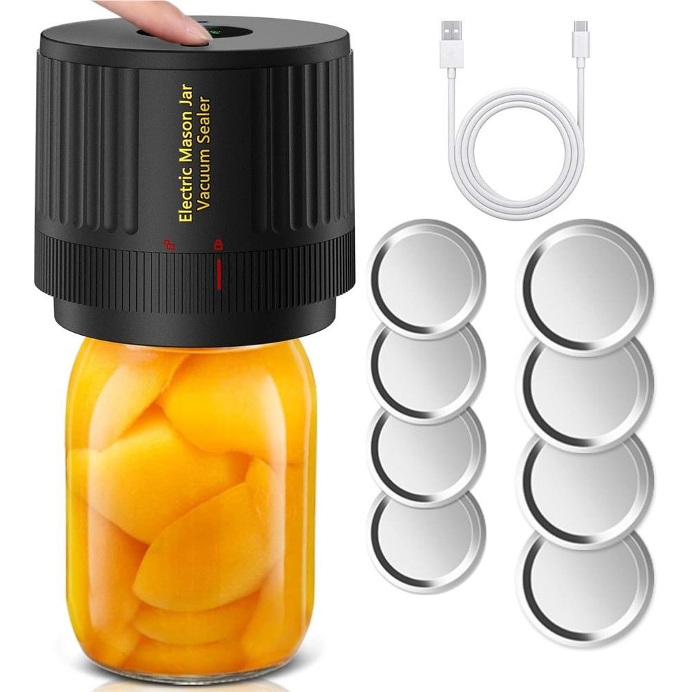 Electric Mason Cordless Vacuum Sealer Kit for Wide-Mouth & Regular-Mouth Mason Jars, for Food Storage and Fermentation, Black