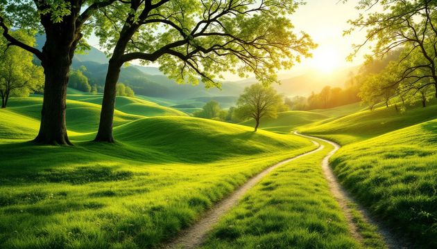 A path going through a green field with trees and the sun shining through the trees.