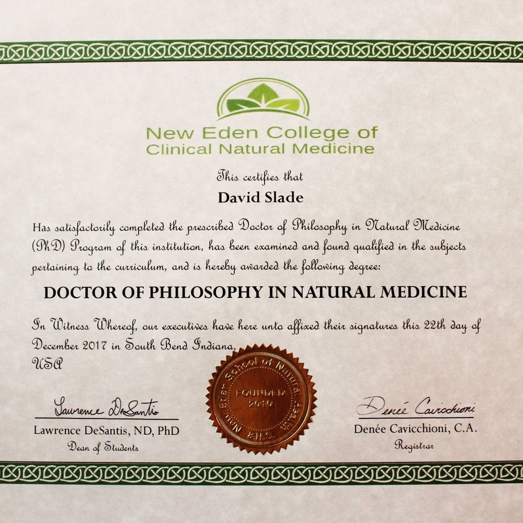 A certificate from the new eden college of clinical natural medicine