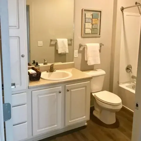 a bathroom with a toilet , sink , mirror and bathtub .