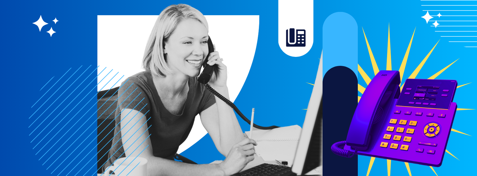 A woman is talking on a phone while using a laptop.