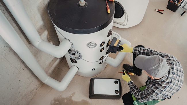 Plumber working on a white water heater with pipes and tools on a floor.