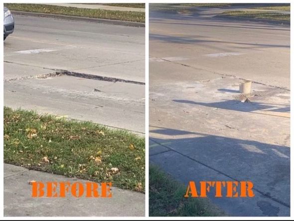 A before and after photo of a concrete sidewalk