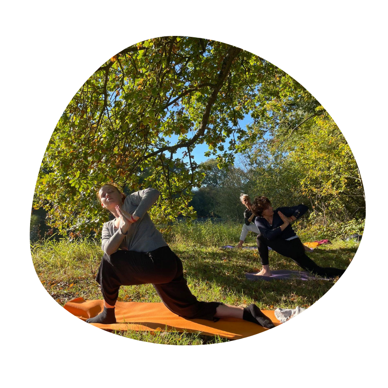 Un groupe de personnes fait du yoga à l'extérieur dans un parc.