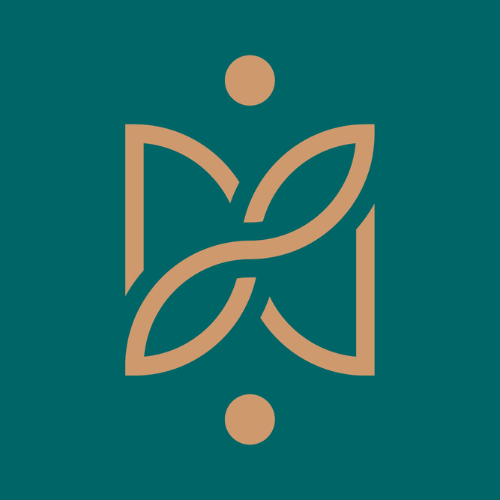 Un logo avec deux feuilles et un cercle sur fond vert.