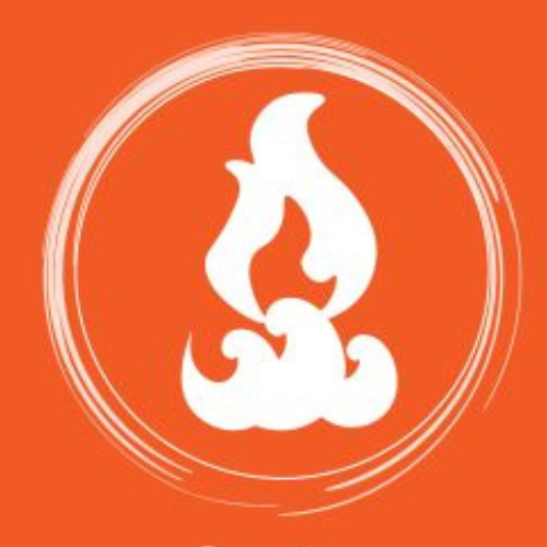 Une flamme blanche est entourée de nuages dans un cercle orange.