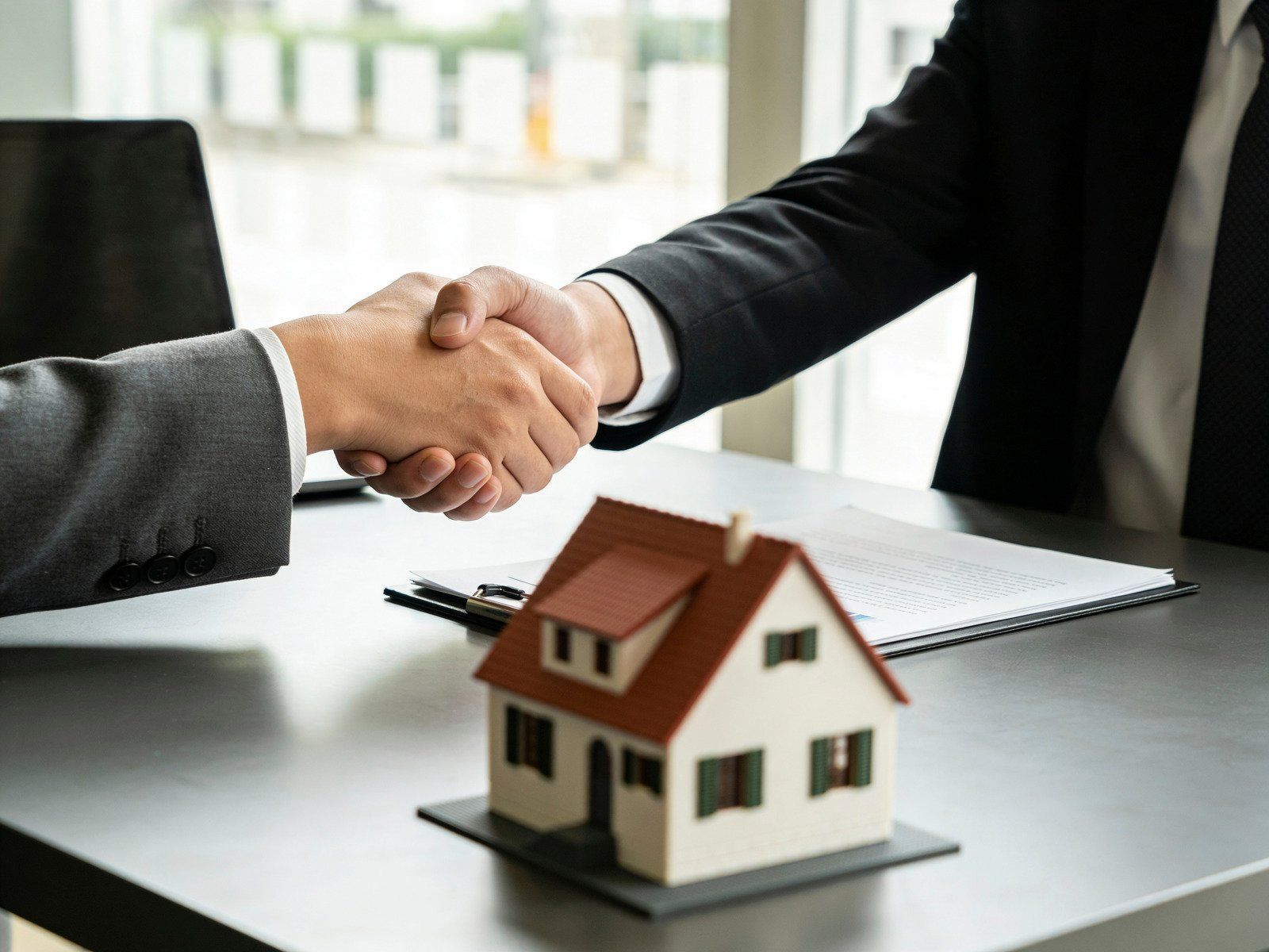 Two business people shaking hands over a miniature house, paperwork, and laptop on a desk.