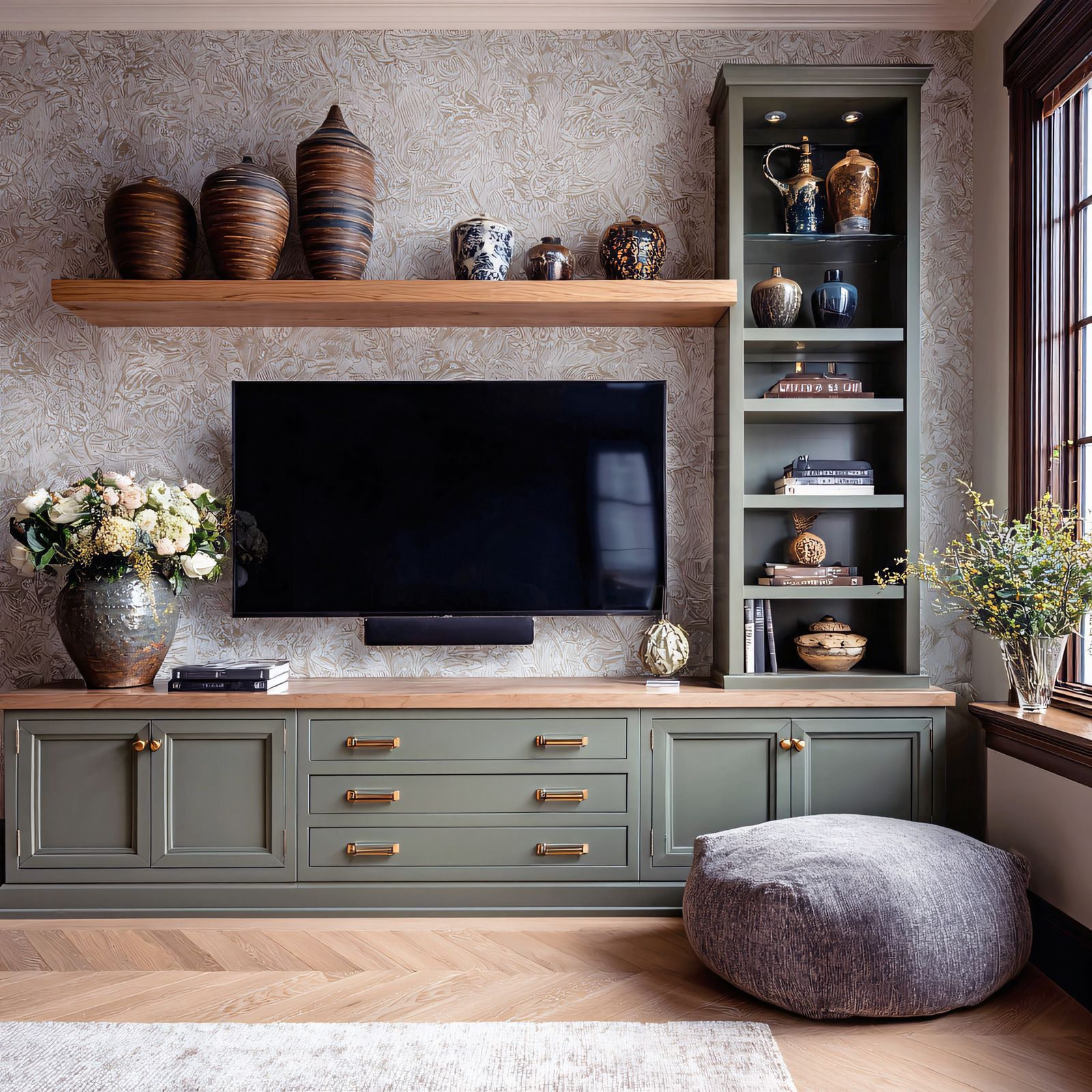 Living room with olive green media console, shelving, and TV.  Wooden floating shelf holds vases. A gray pouf is nearby.