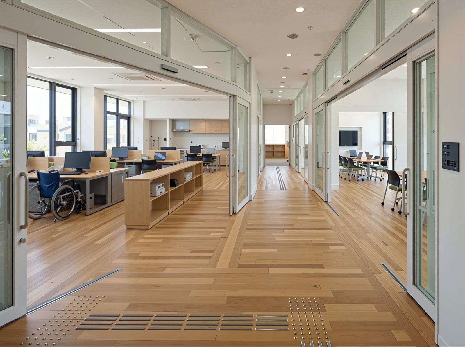 Hallway with automatic sliding glass doors leading to rooms with computers and a meeting space.