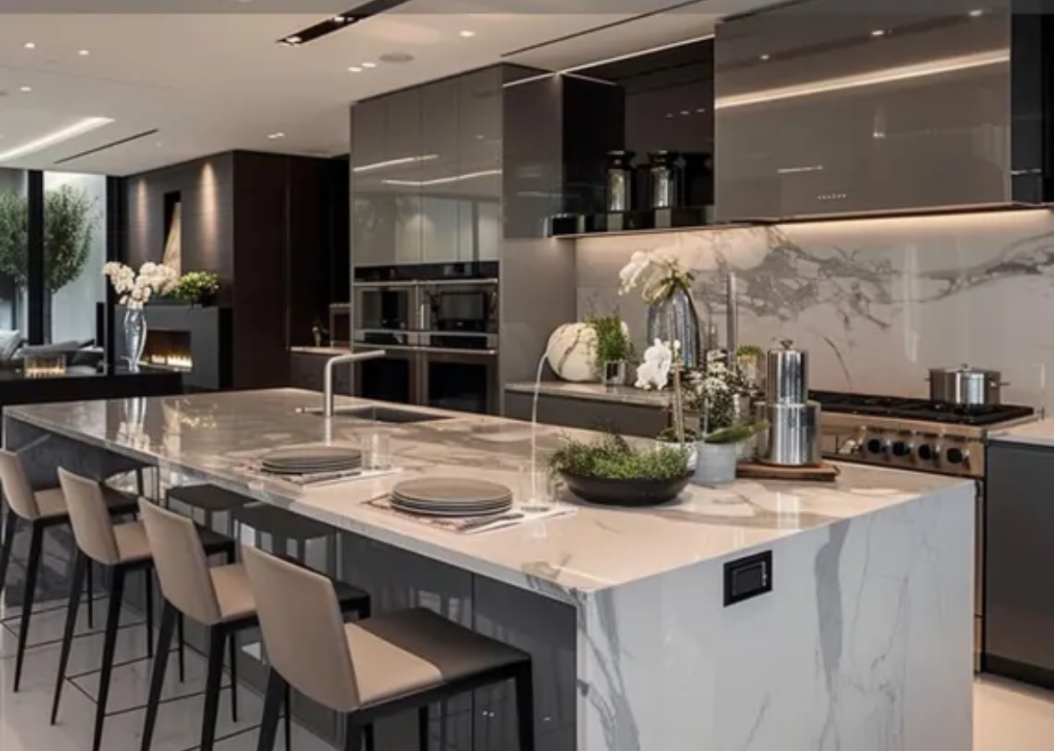 Cozy living room with fireplace, arched doorway to kitchen, and a tan couch on hardwood floors.