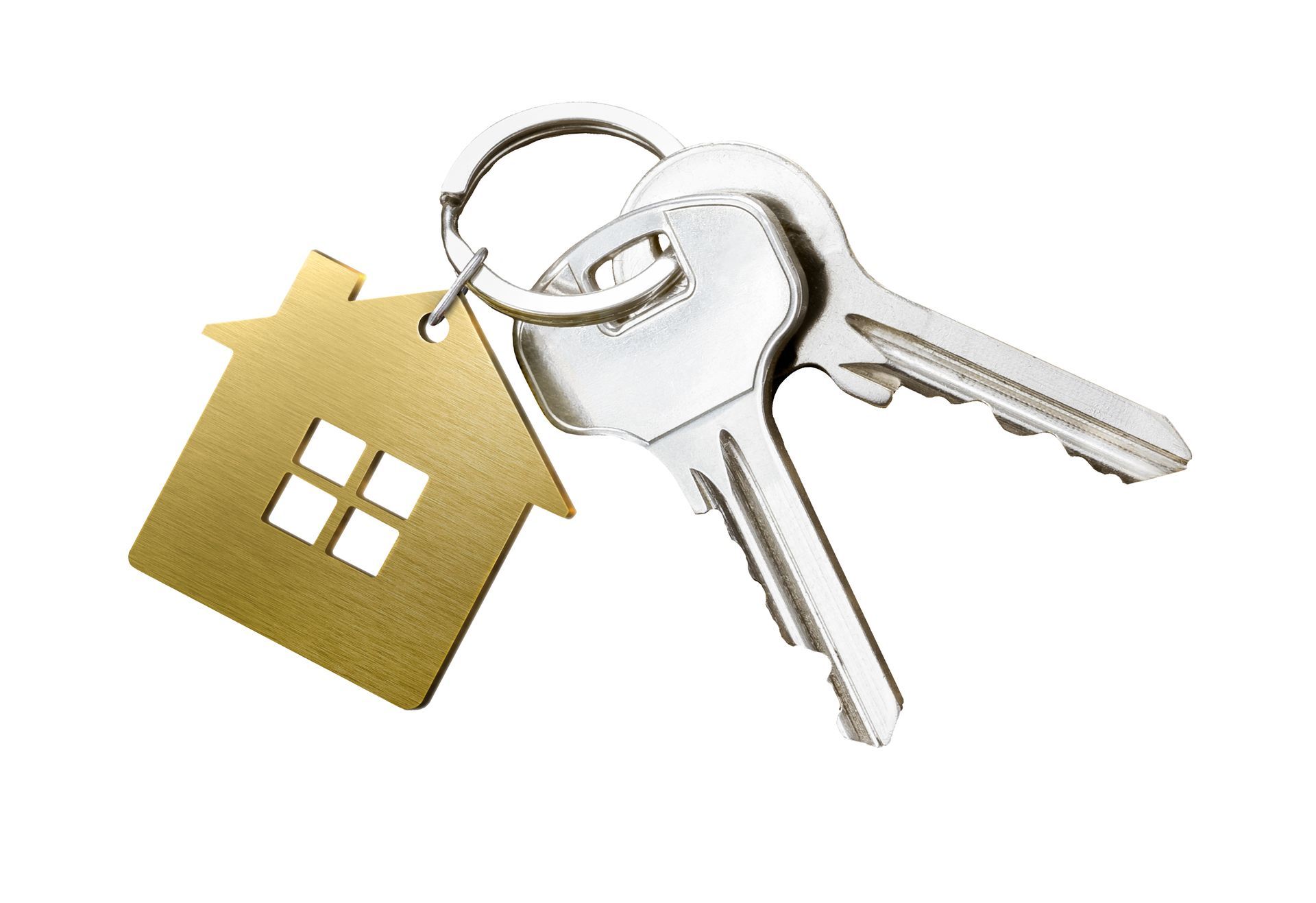 Keys on a keyring with a house-shaped charm, isolated on white.