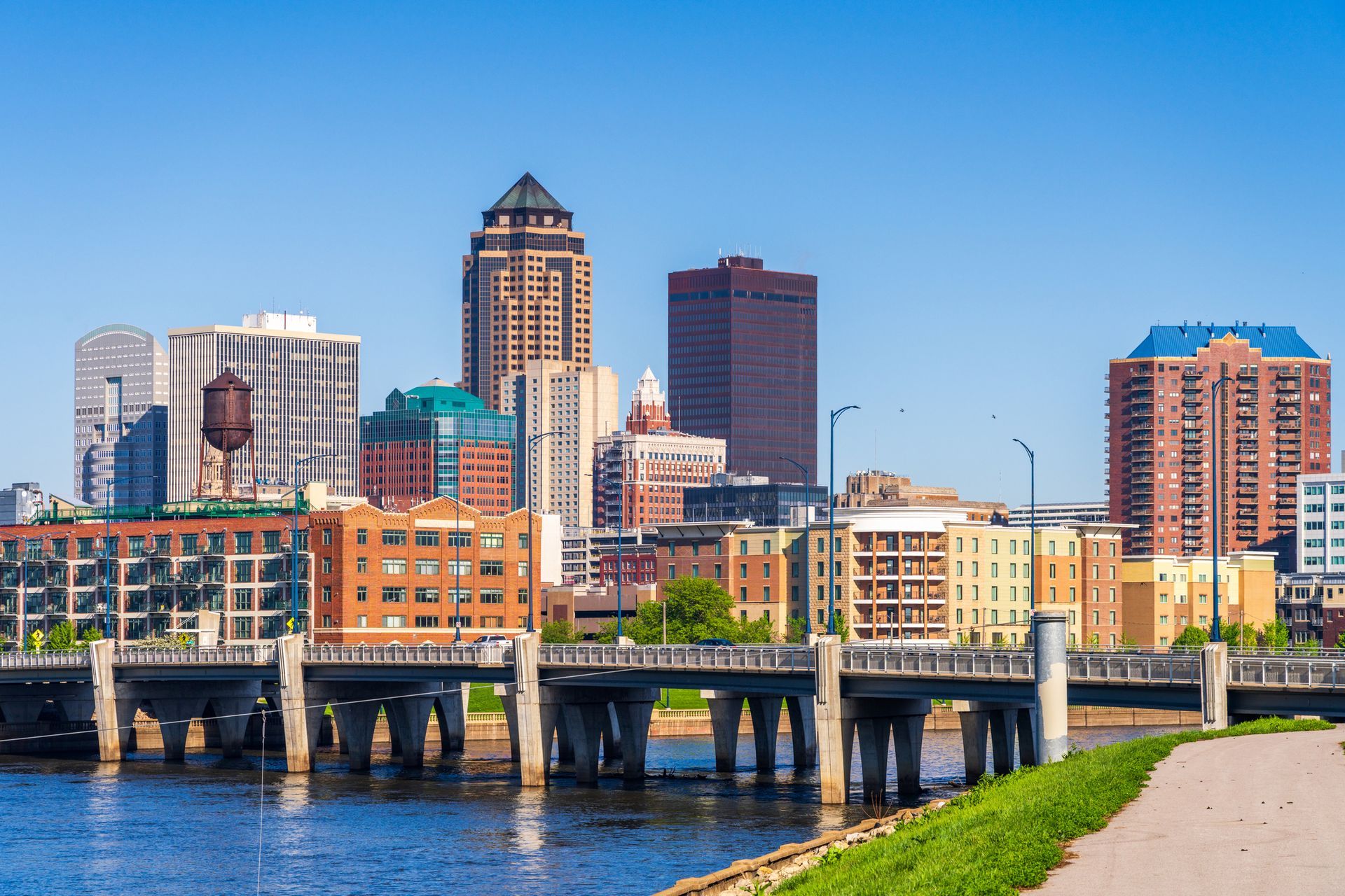Skyline of Des Moines, Iowa, featuring high-rise buildings, a bridge, and a river under a clear blue sky.