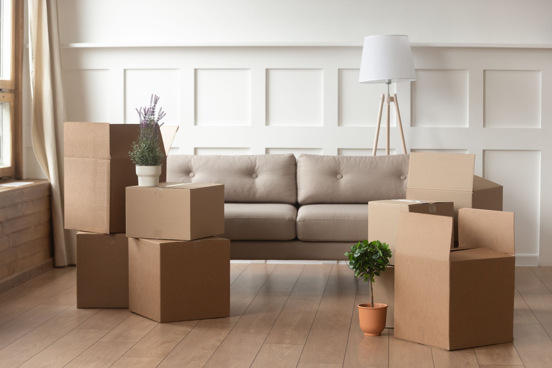 Modern living room on moving day, with neatly stacked cardboard boxes of various sizes and labels.