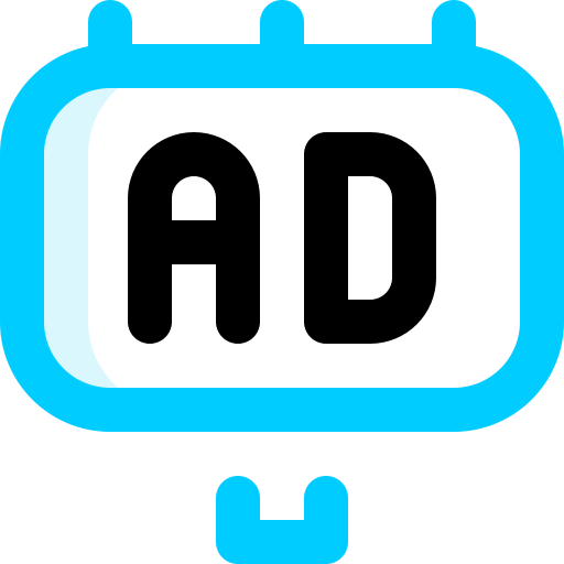 A blue and white icon with the word ad on it.