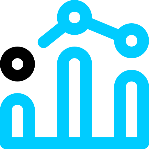 A blue icon of a graph with a black circle in the middle.