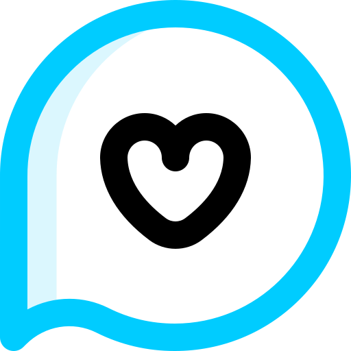 A blue speech bubble with a black heart inside of it