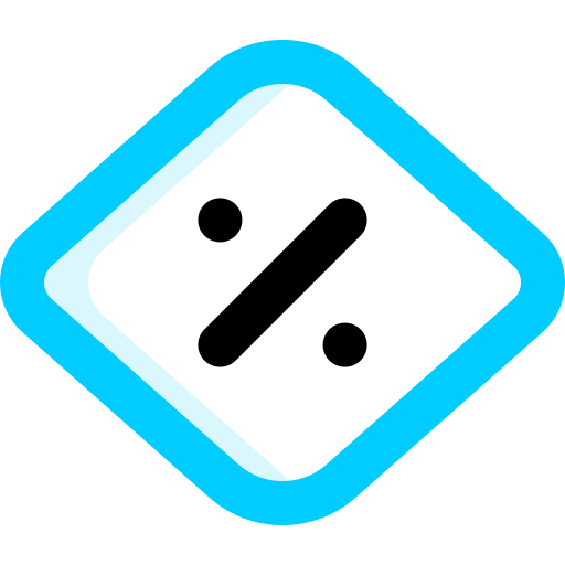 A blue and white square with a black percent sign inside of it.