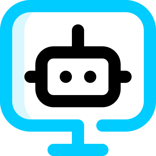 A robot icon in a blue rectangle on a white background.