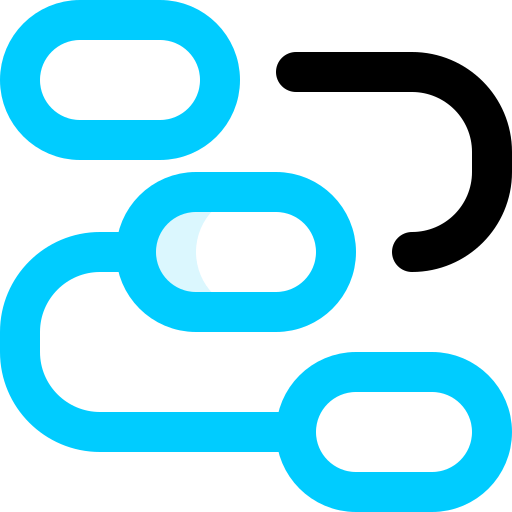 A blue and black icon on a white background