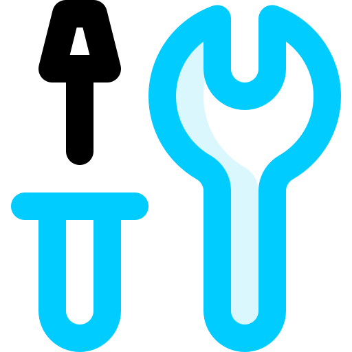 A blue icon of a wrench and a screwdriver on a white background.