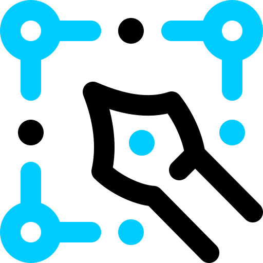 A blue and black icon on a white background