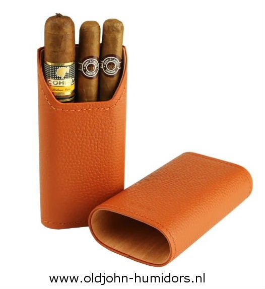 SK04OR Adorini sigarenkoker   echt leer krokus oranje 2 of 3 sigaren  cederhout en divider verkoop via oldjohn-humidors.nl