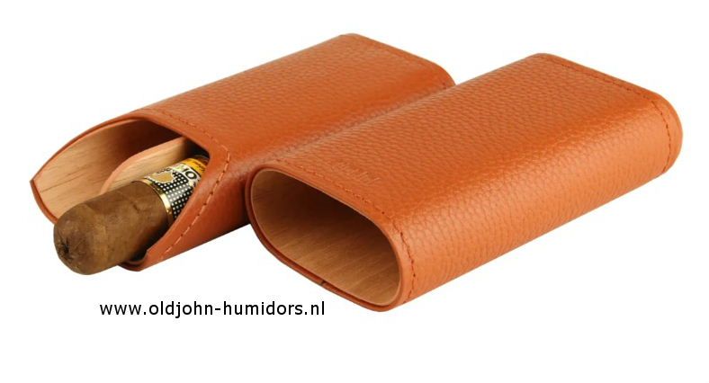 SK04OR Adorini sigarenkoker   echt leer krokus oranje 2 of 3 sigaren  cederhout en divider verkoop via oldjohn-humidors.nl