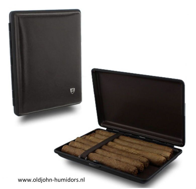 SK206 Bookwill sigarenkoker tbv 6  x Wilde Havanna of 6 x Senoritas Van NIKKEL met  ZWART leer  -  (erg hard - perfecte bescherming) |  Old John Humidors