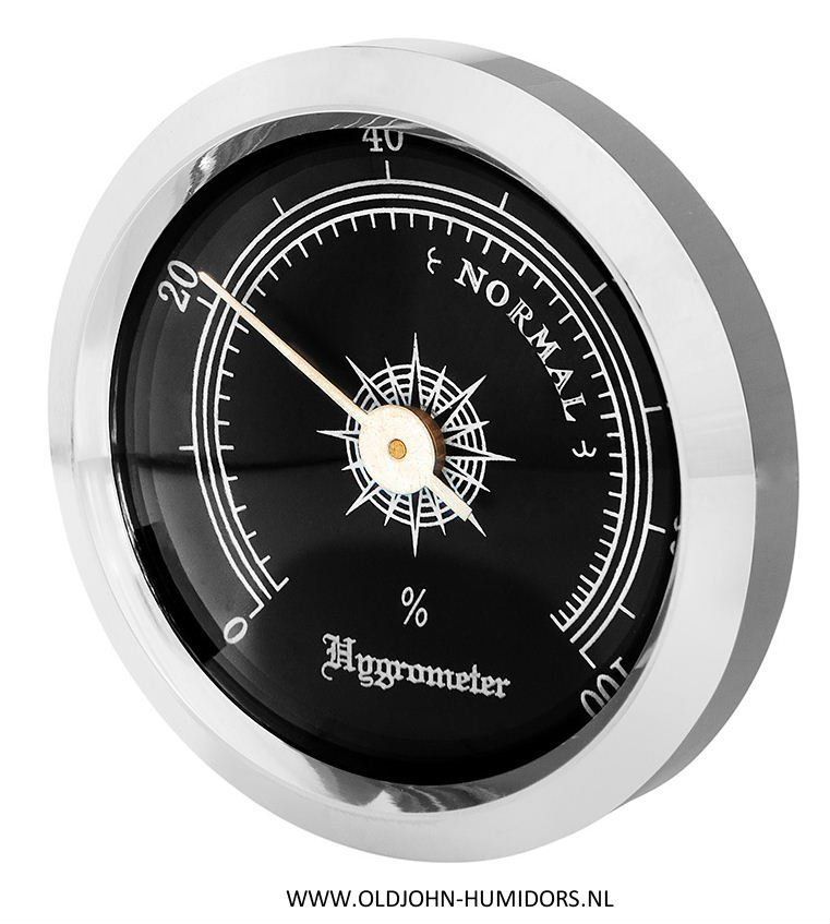 ANGELO Analoge humidor hygrometer  35 mm. chroom met zwarte wijzerplaat  Inbouw of opbouw