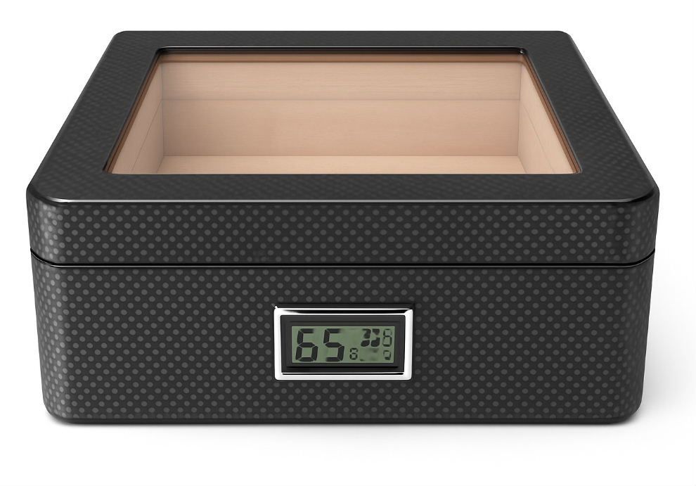 humidor NAPOLI  digitaal - carbon fiber finish en groot venster 50 sigaren