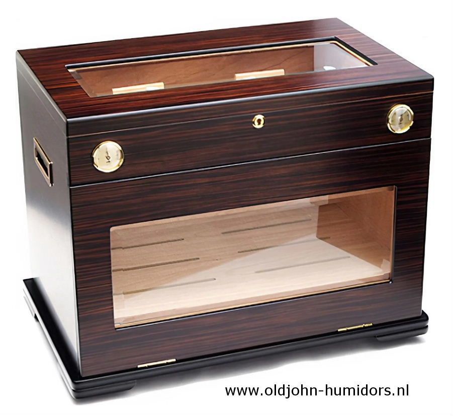 H1228 Adorini  ® Aficionado DeLuxe Hoogwaardige ebbenhouten afwerking, Koperen thermometer en Hygrometer, verkoop via www.oldjohn-humidors.nl