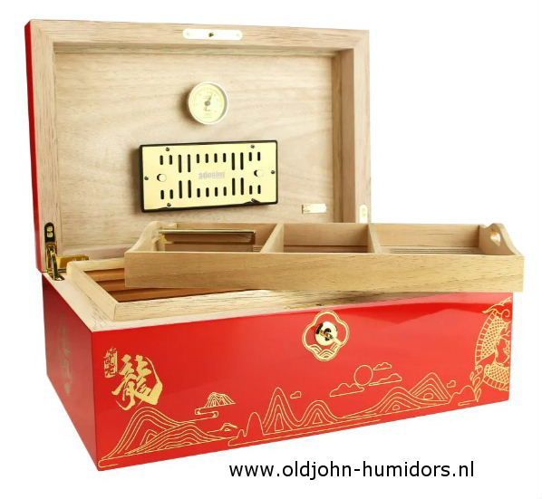 H166  Adorini Year Of The Dragon Grande Deluxe Humidor Hoogglans rood met gouden decoratie. verkoop via www.oldjohn-humidprs.nl