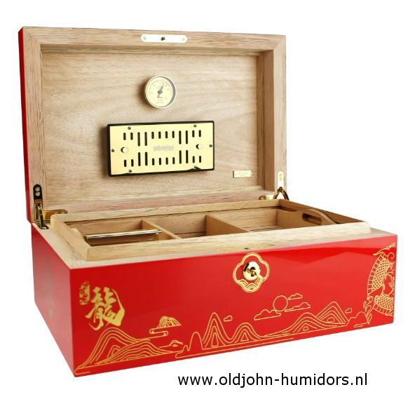 H166  Adorini Year Of The Dragon Grande Deluxe Humidor Hoogglans rood met gouden decoratie. verkoop via www.oldjohn-humidprs.nl
