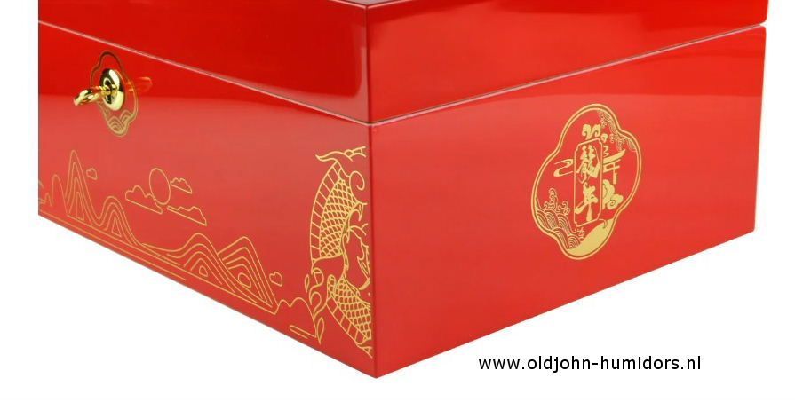 H166  Adorini Year Of The Dragon Grande Deluxe Humidor Hoogglans rood met gouden decoratie. verkoop via www.oldjohn-humidprs.nl