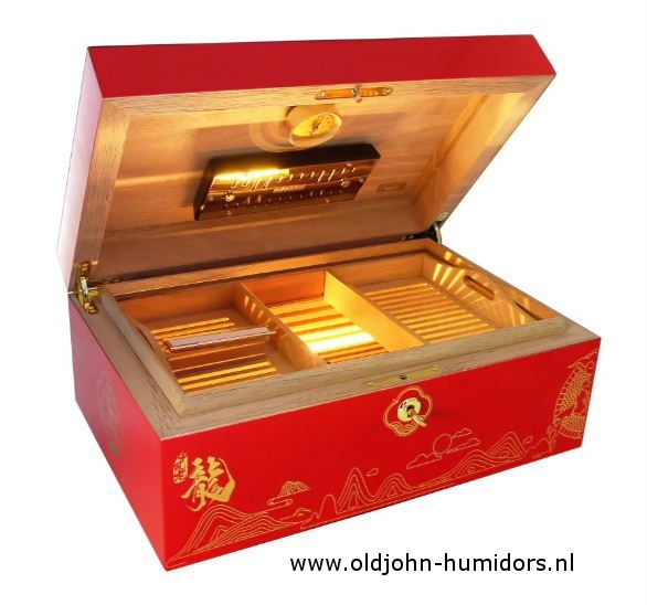 H166  Adorini Year Of The Dragon Grande Deluxe Humidor Hoogglans rood met gouden decoratie. verkoop via www.oldjohn-humidprs.nl